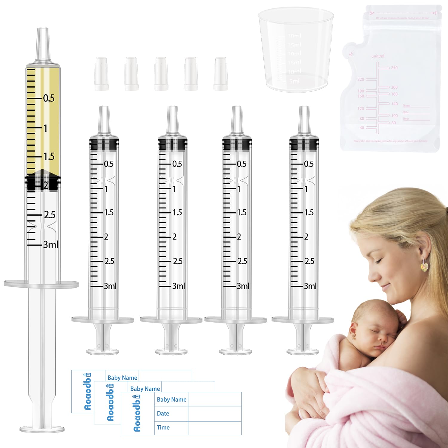 Aoaodbu Colostrum Collector Kit packaging shows a complete, safe milk collection setup.