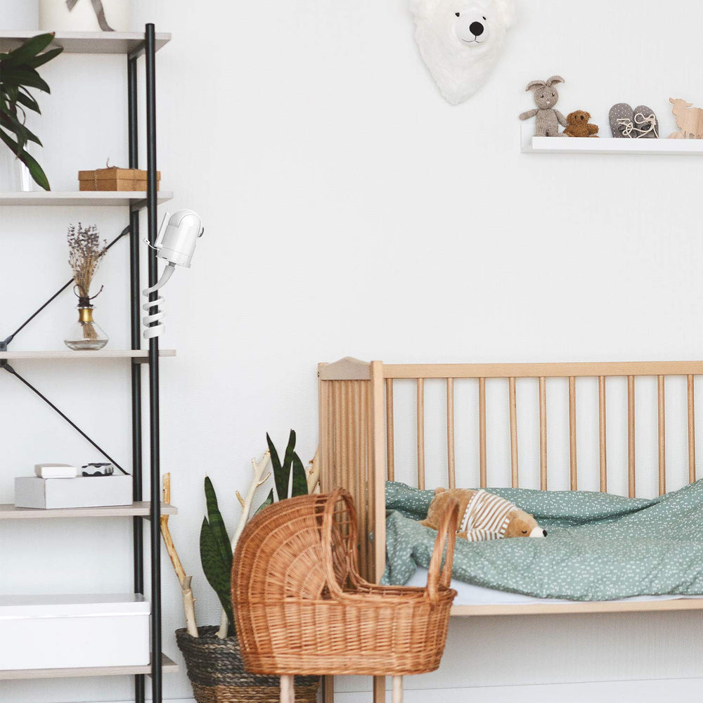 Aobelieve DXR-8 flexible mount positioned over crib view for gentle monitoring.