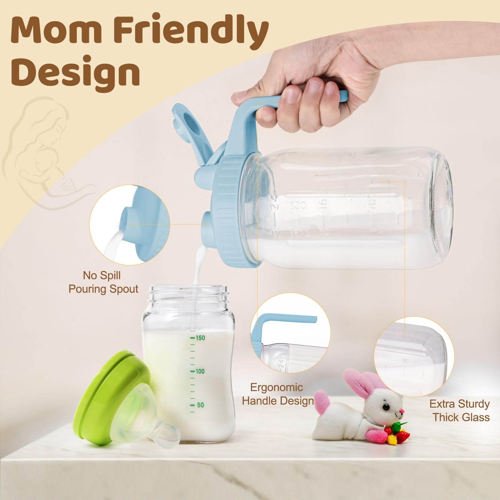 AoeJarry breast milk pitcher showing a pour spout for controlled dispensing.