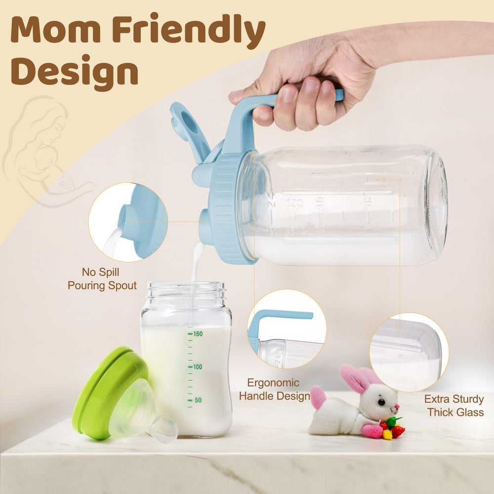 AoeJarry breast milk pitcher showing a pour spout for controlled dispensing.