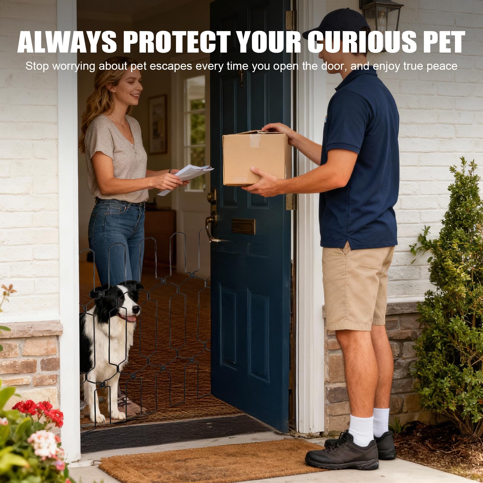 AOFANPET chew-resistant metal barrier protecting a doorway from curious dogs