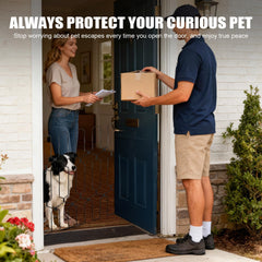 AOFANPET chew-resistant metal barrier protecting a doorway from curious dogs