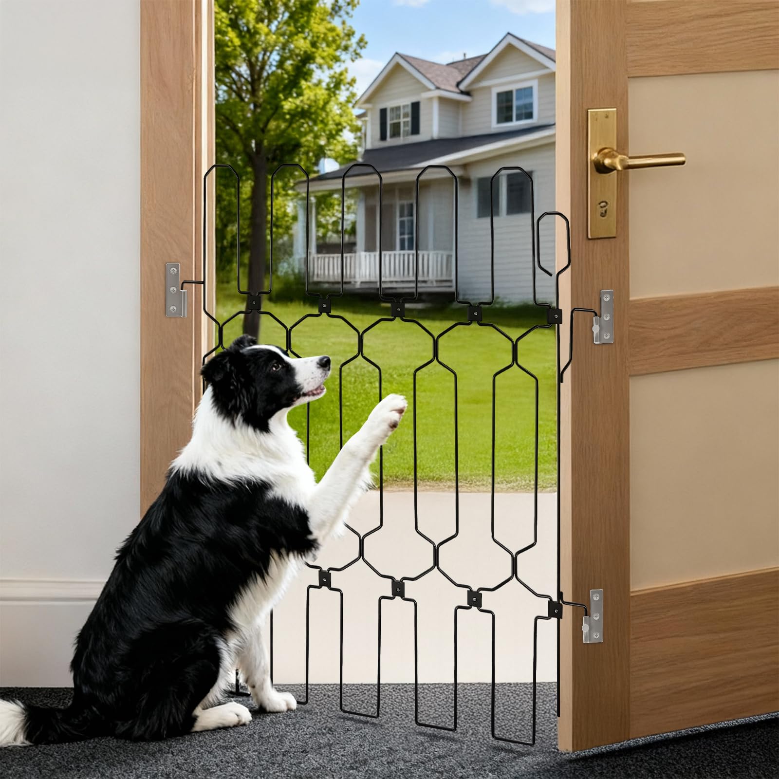 AOFANPET retractable front door gate blocks dog exits safely.