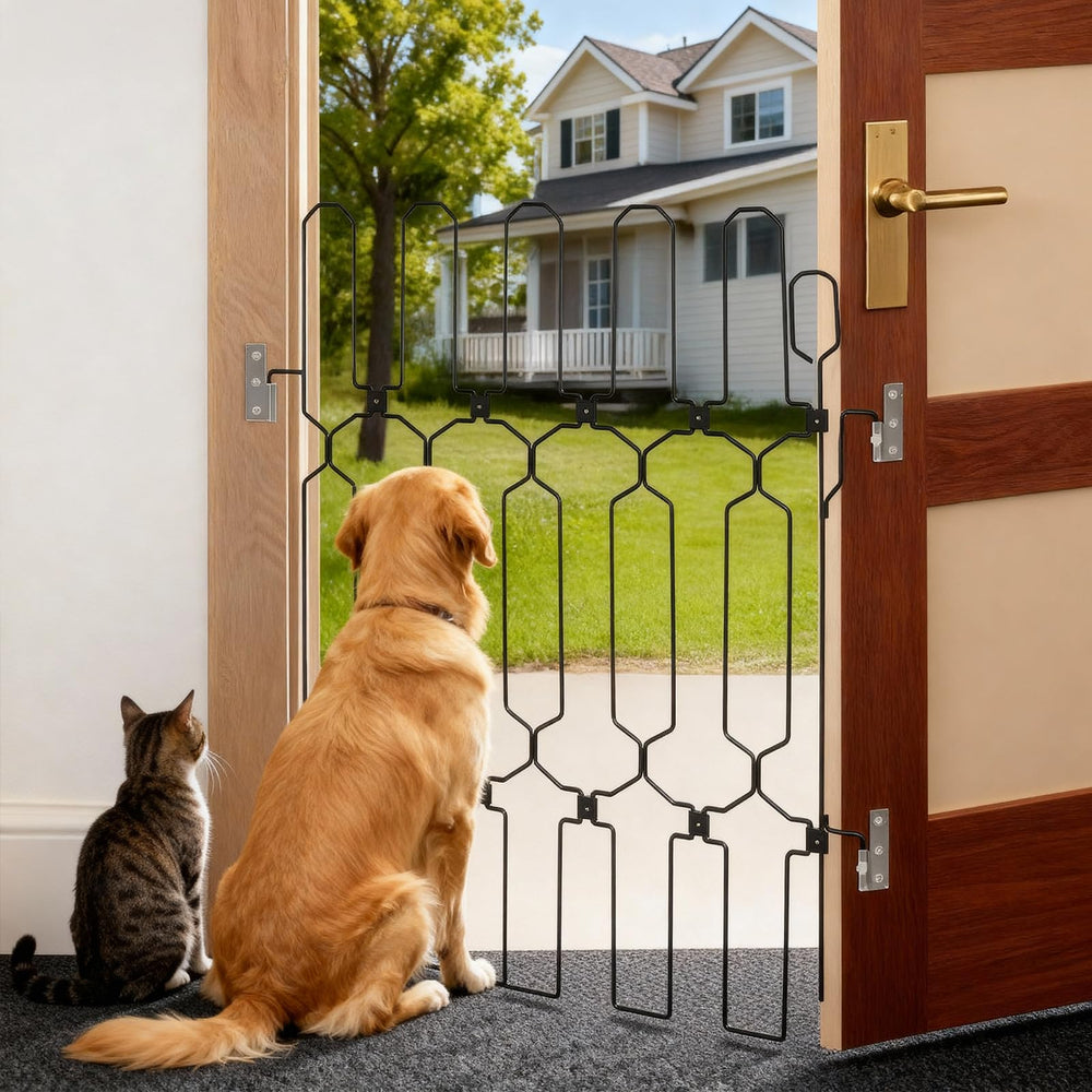 AOFANPET retractable front-door gate in use guarding a doorway during deliveries