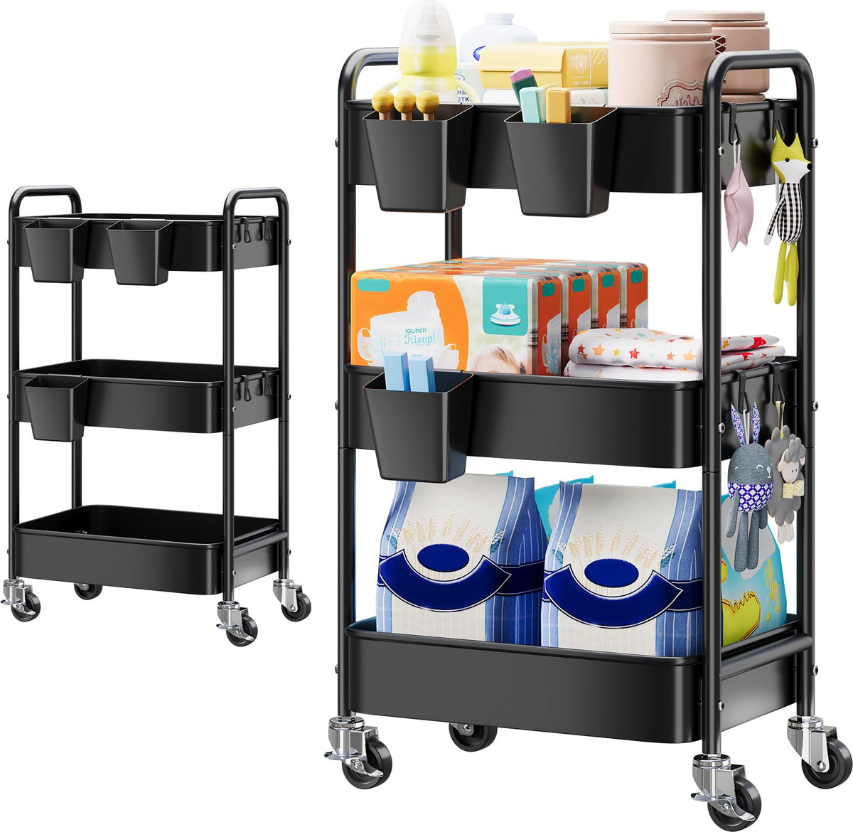 Aofure 3-Tier Diaper Caddy Cart front view highlighting accessible nursery storage.