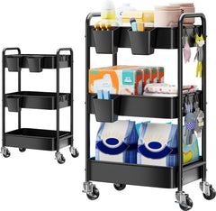 Aofure 3-Tier Diaper Caddy Cart front view highlighting accessible nursery storage.