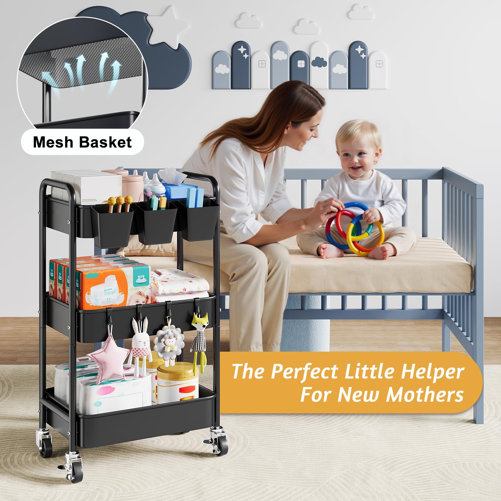 Aofure 3-Tier Diaper Caddy Cart side view highlighting portable mobility.