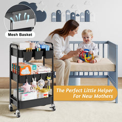 Aofure 3-Tier Diaper Caddy Cart side view highlighting portable mobility.