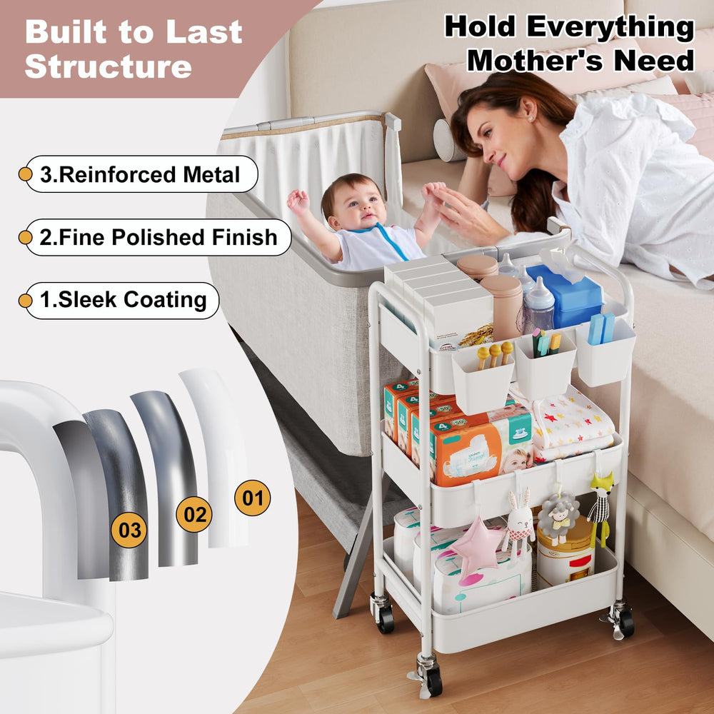 Aofure 3-tier nursery cart keeps diapers, wipes, and small items within reach.