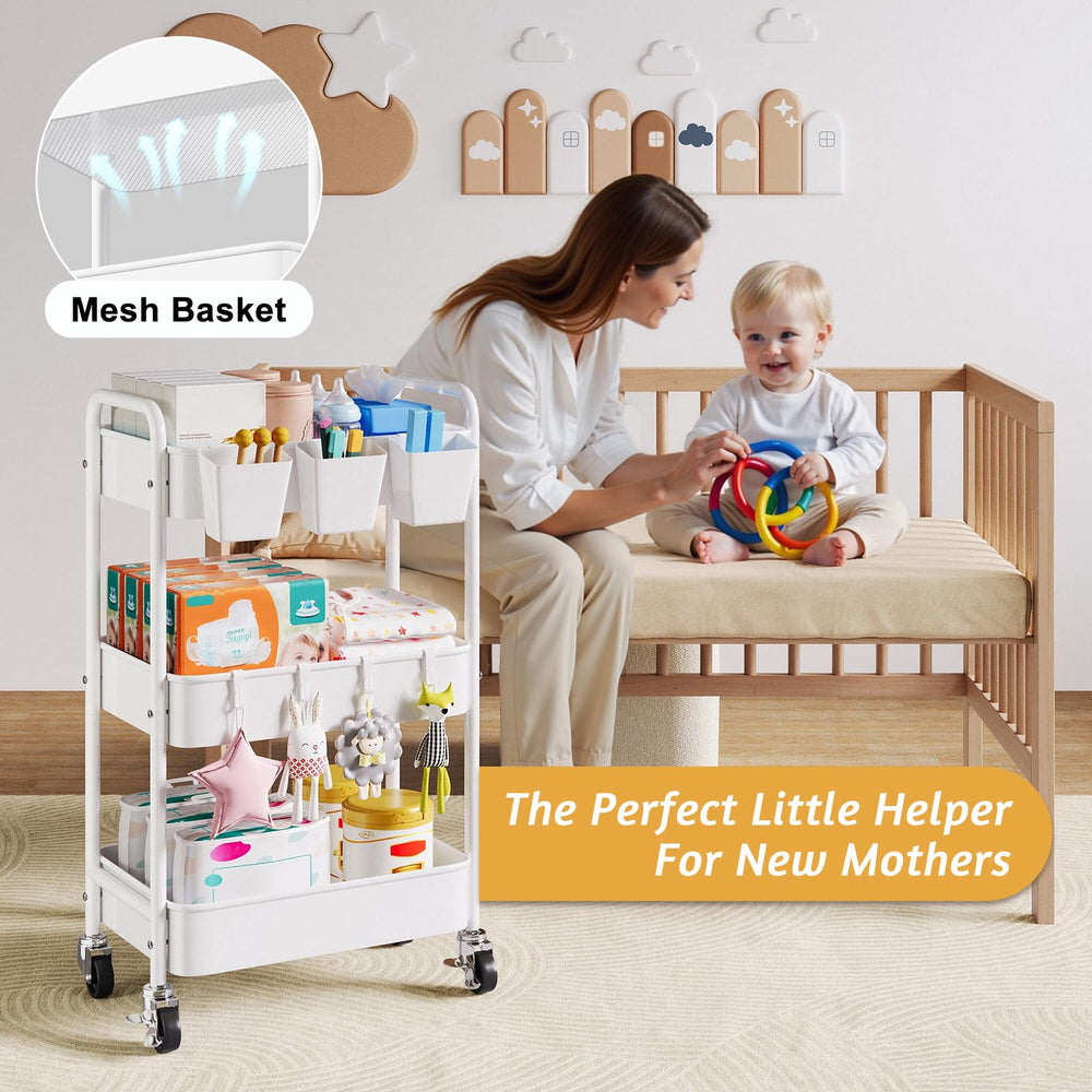 Aofure baby changing table organization cart for quick access during diaper changes.