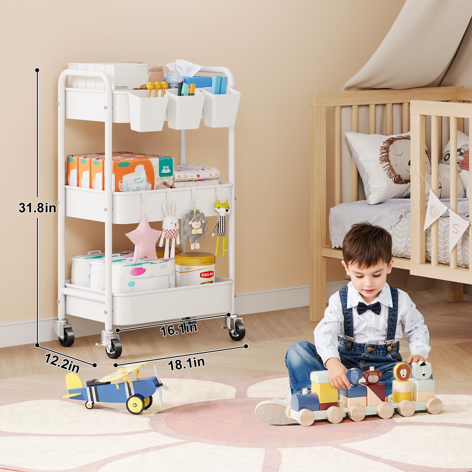Aofure bedside nursery cart for mom essentials beside the crib.