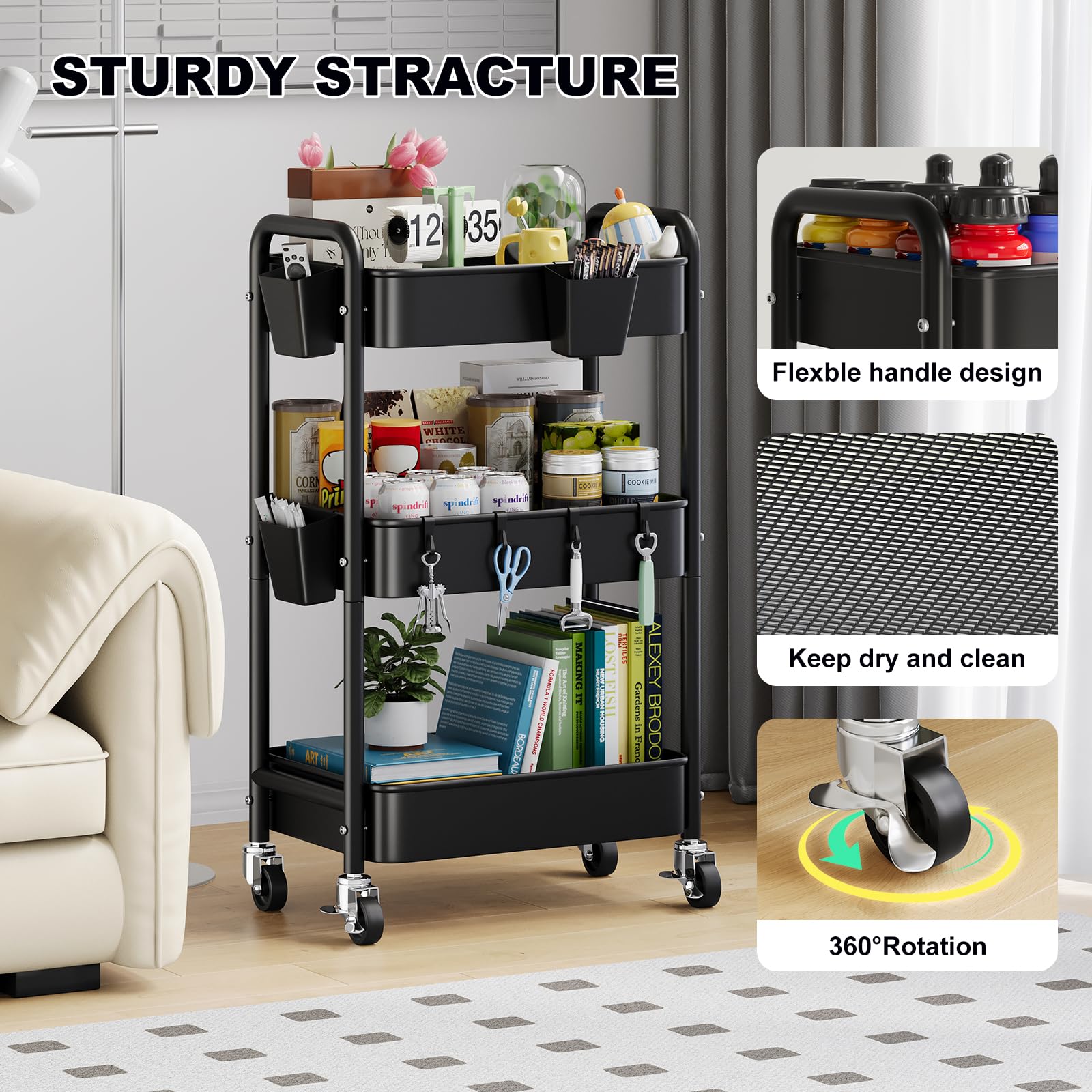 Aofure-black-nursery-cart close-up highlights sleek finish and modern feel.
