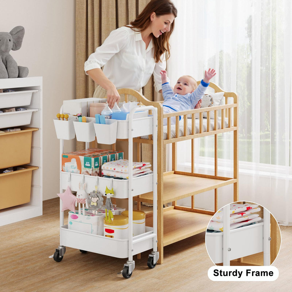 Aofure wheeled nursery storage cart moves smoothly between rooms.