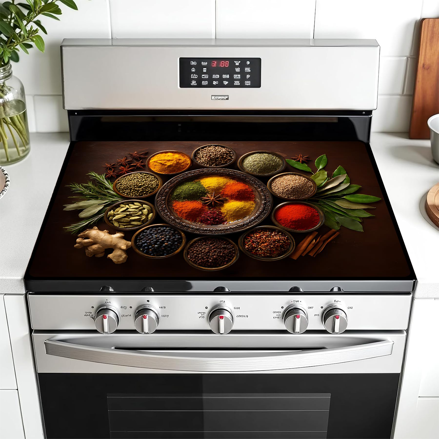 AOHMPT stove top cover in geometric pattern shields stove surface and adds style.