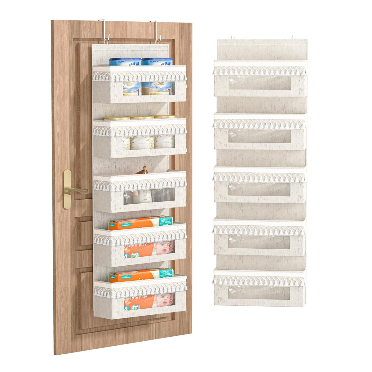 Aokeyee 5-shelf door organizer with tassels and clear pockets for nursery essentials.