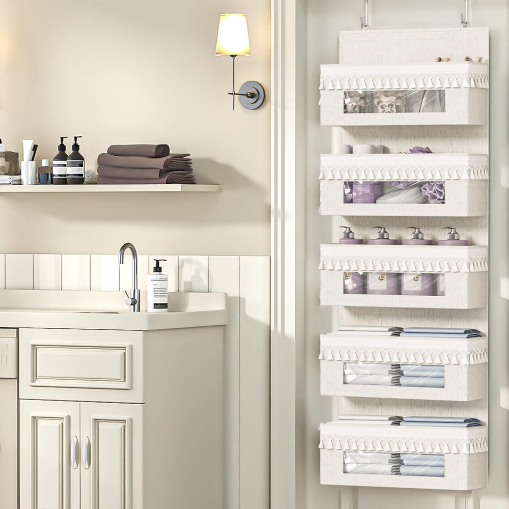 Aokeyee nursery storage hanging pockets keeps baby clothes organized and visible.