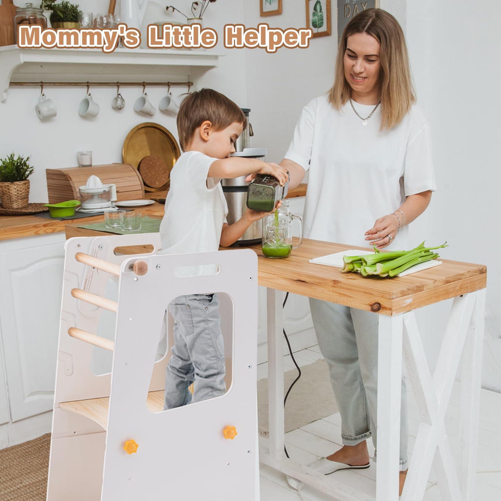 Aokkto 4-in-1 toddler kitchen tower anti-tipping bar design for balance.