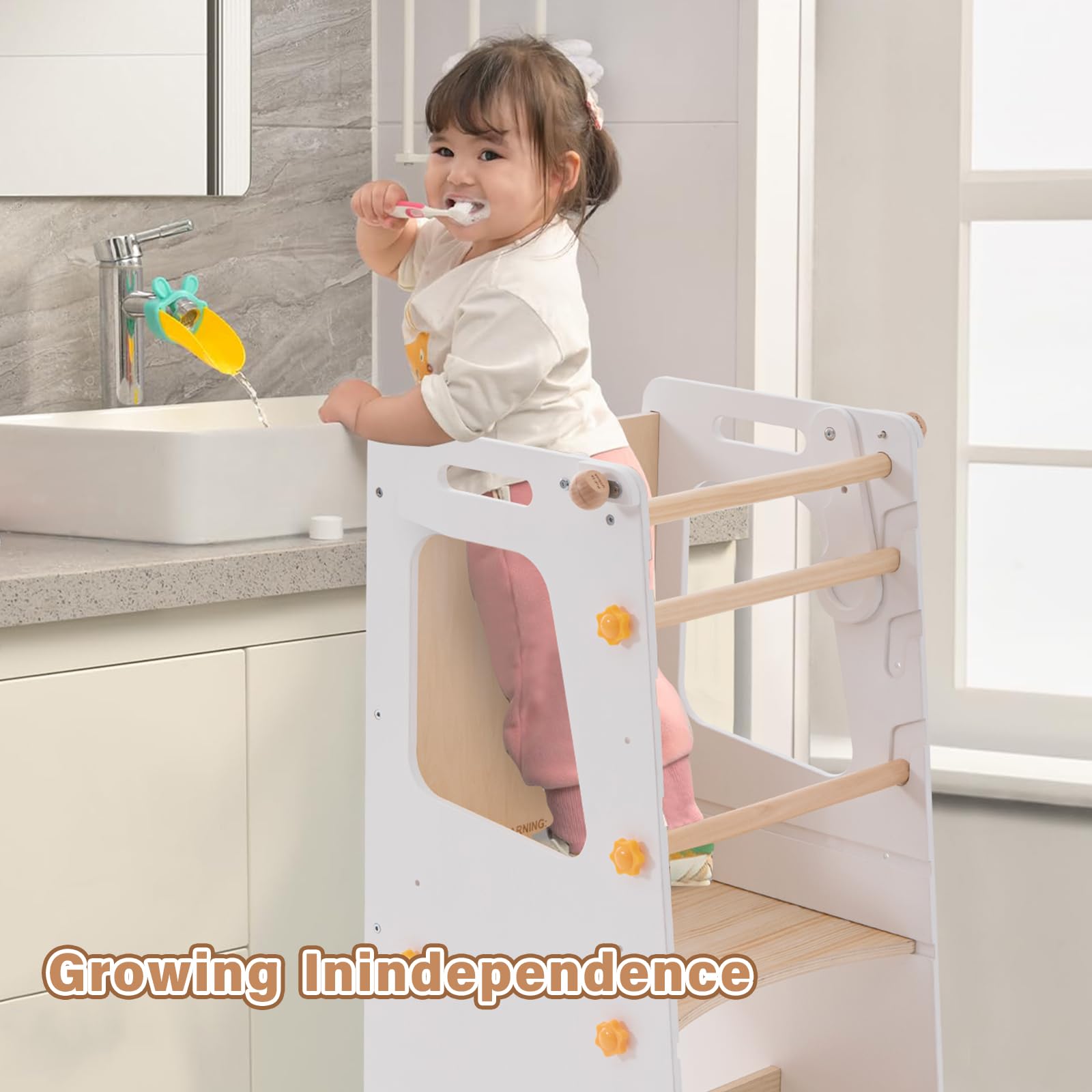 Aokkto 4-in-1 toddler kitchen tower easy-clean lacquer finish for simple maintenance.