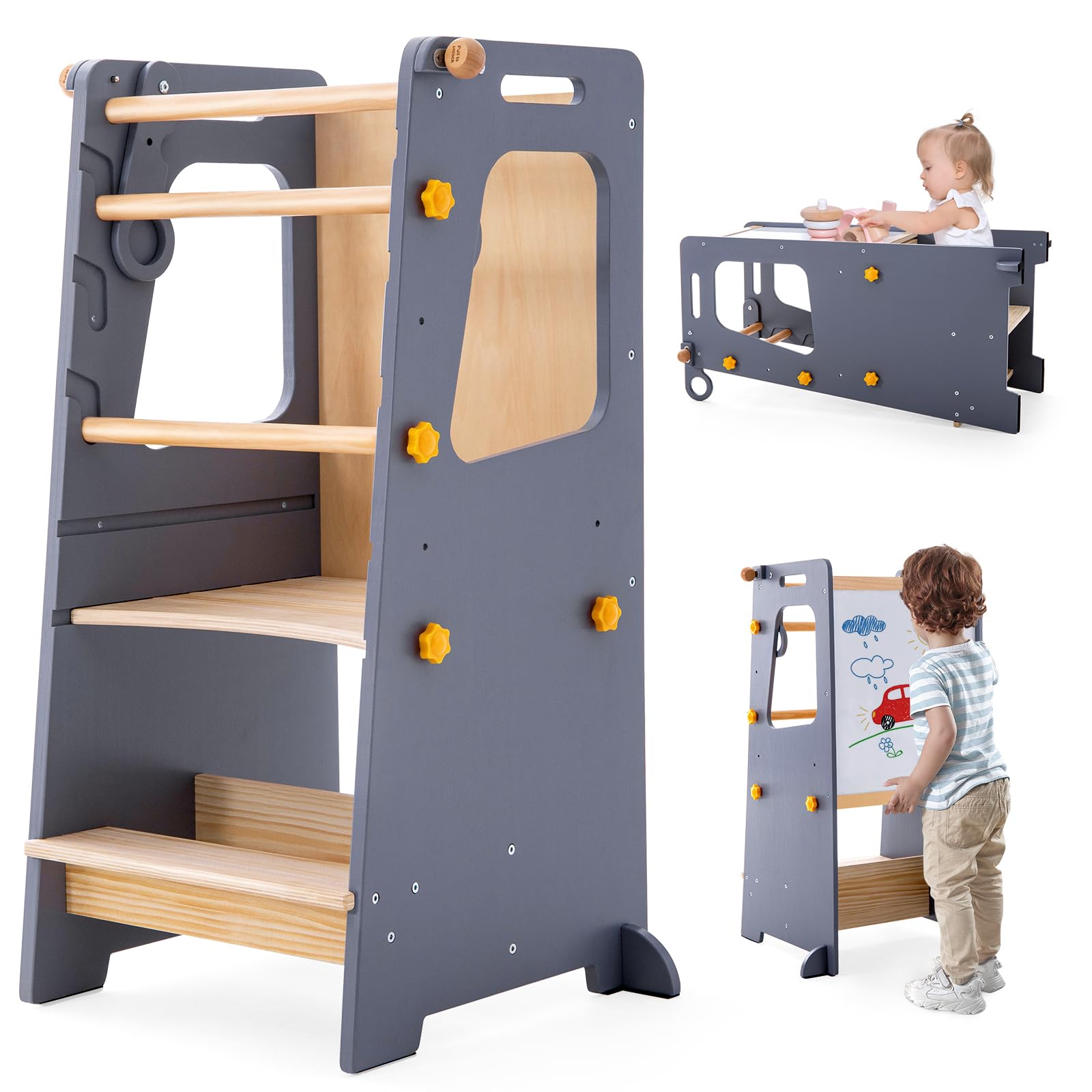 Aokkto 4-in-1 toddler kitchen tower front view with stable base and safety rails.