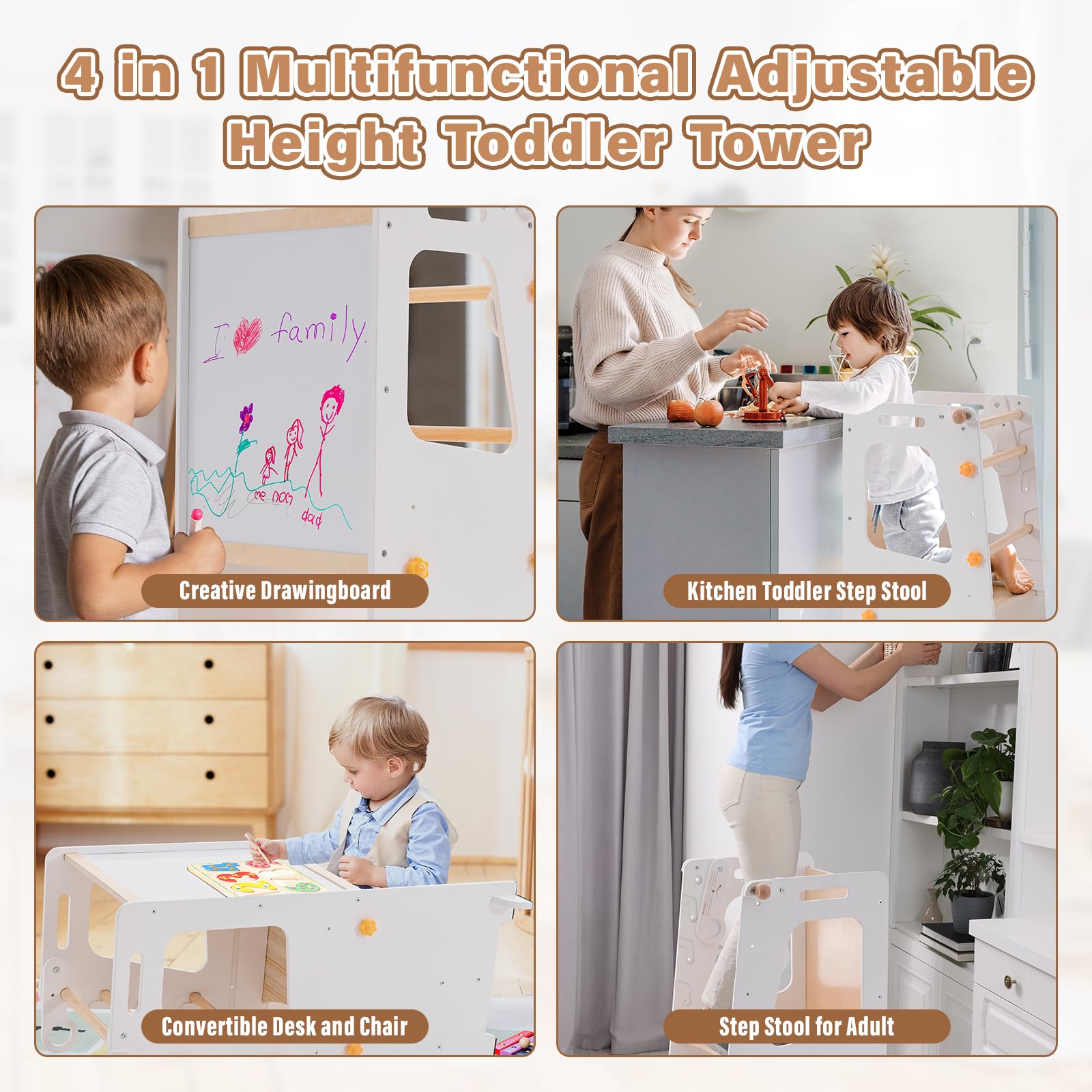Aokkto 4-in-1 toddler kitchen tower non-slip platform for stable footing.
