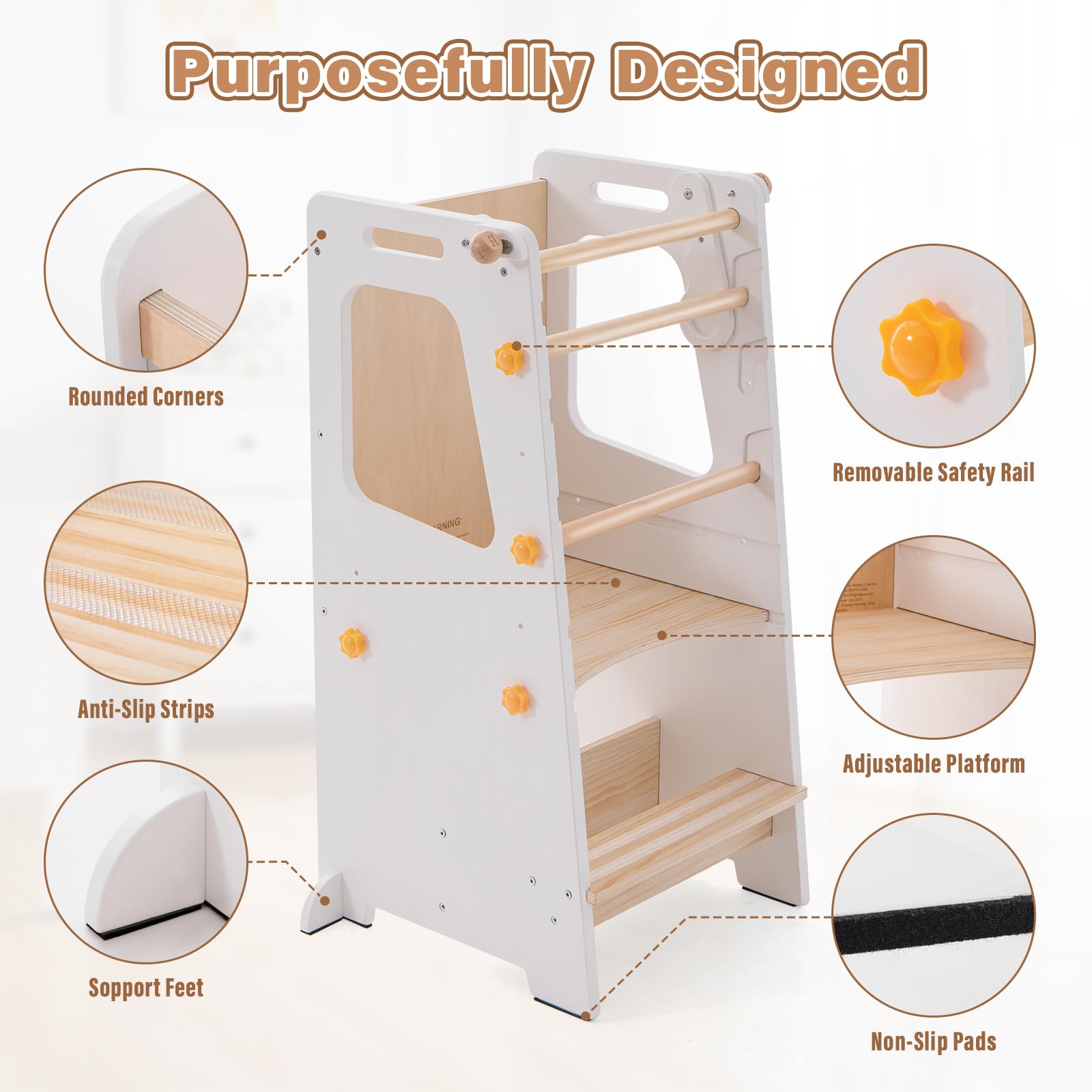 Aokkto 4-in-1 toddler kitchen tower safety rail detail ensuring secure height use.