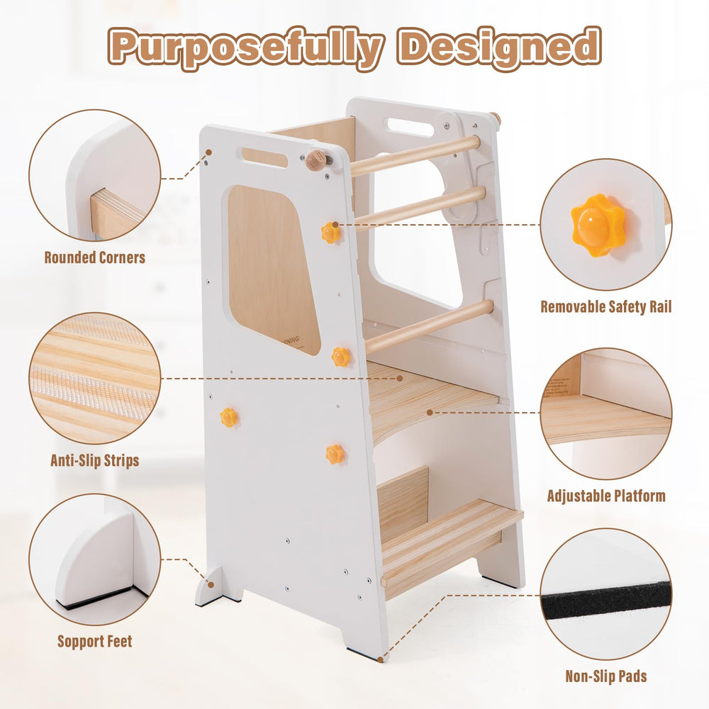 Aokkto 4-in-1 toddler kitchen tower safety rail detail ensuring secure height use.