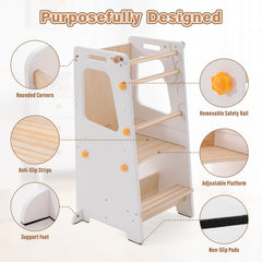 Aokkto 4-in-1 toddler kitchen tower safety rail detail ensuring secure height use.