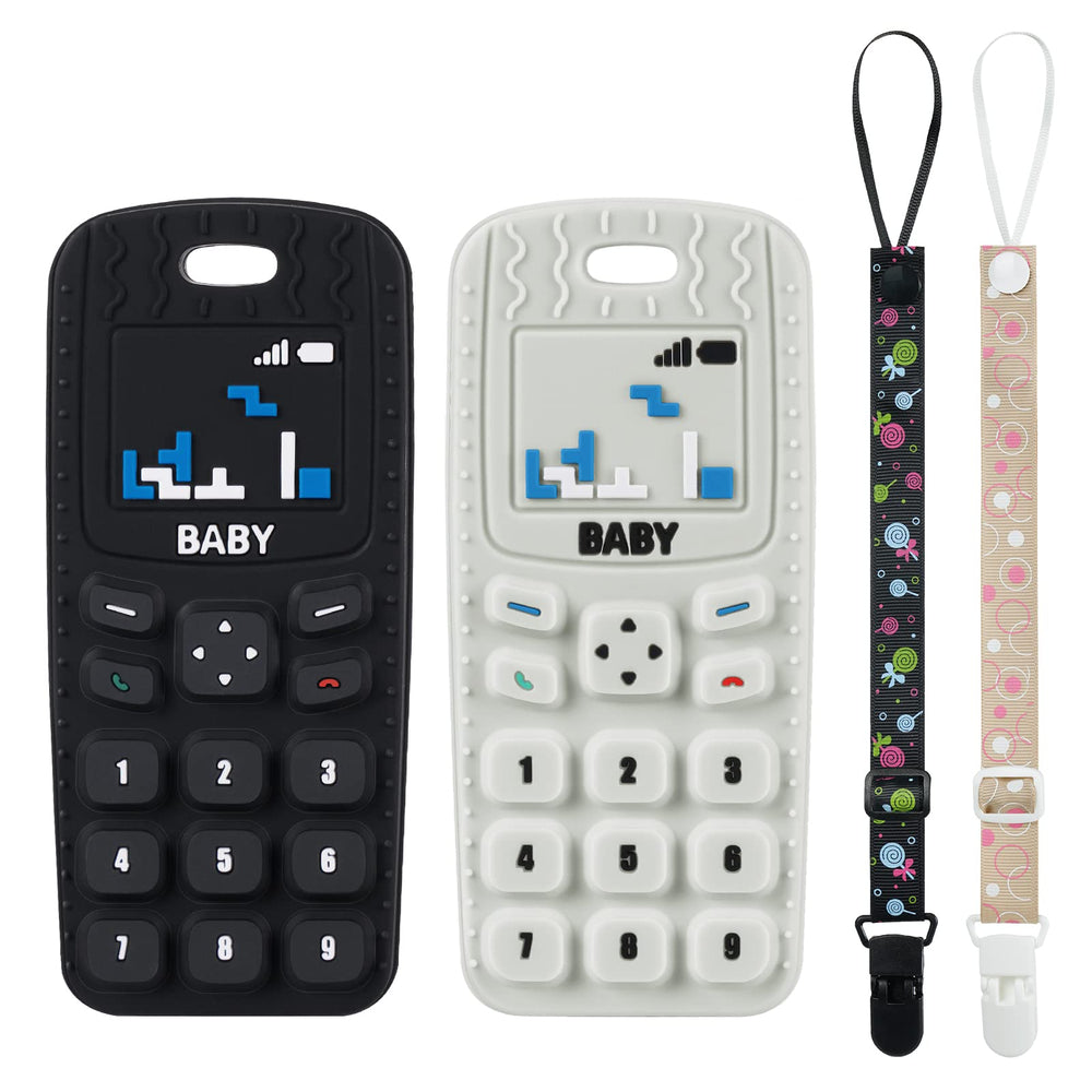 Aolso Baby teether phone beige helps with soothing gums and visual exploration.