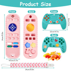 Aolso game controller teether showcases bright colors and varied textures.