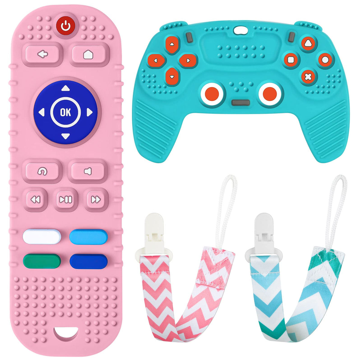 Aolso remote control teether silicone soothing gums while entertaining baby.