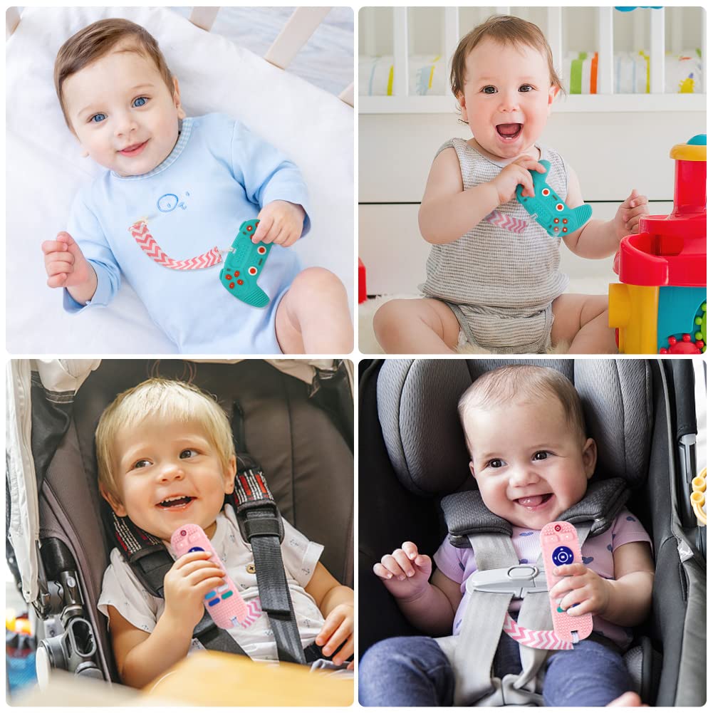 Baby-friendly silicone teether in use with clips during travel.