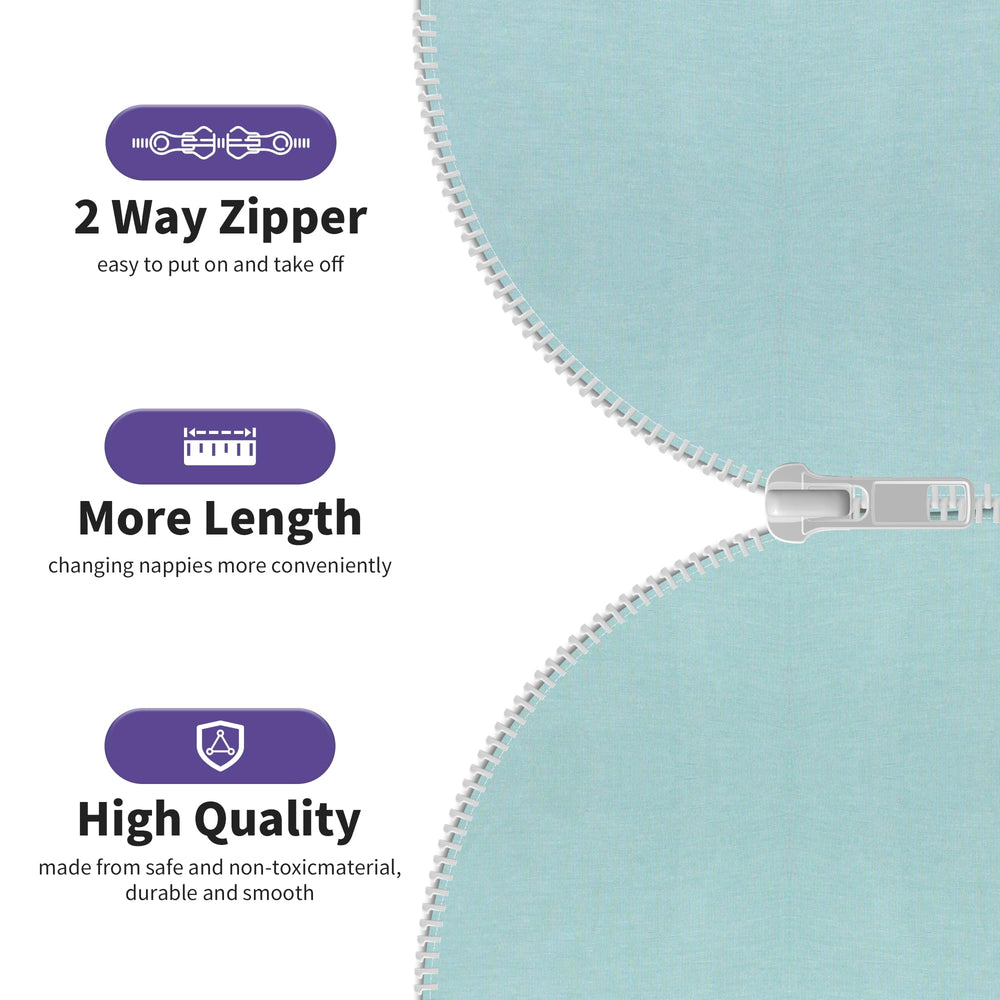 Aomloge PuppyPaws Sleep Sack, zip detail, smooth 2-way zipper for easy diaper changes.