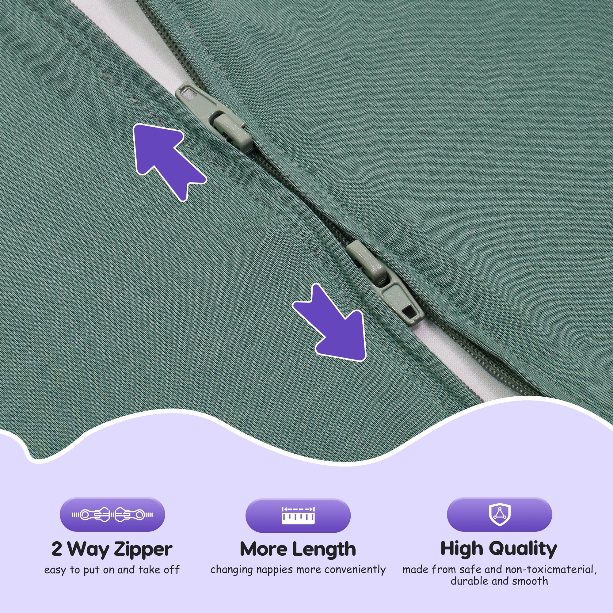 Zipper detail on PuppyPaws sleep sack demonstrating smooth 2-way operation