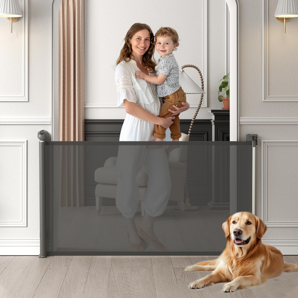 Aomloge Retractable Baby Gate assembly view for safe stairs.