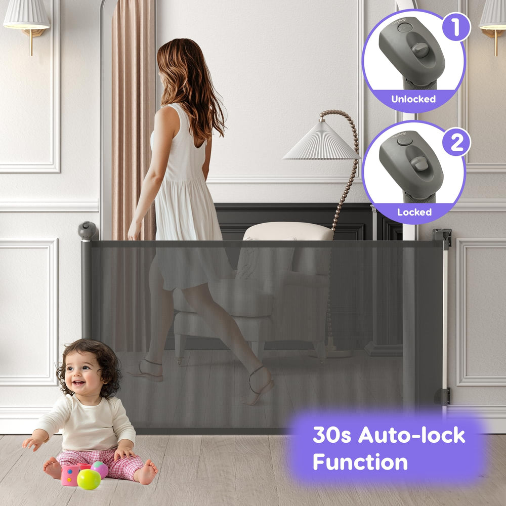 Aomloge Retractable Gate with skirt-friendly installation protects wall trim.