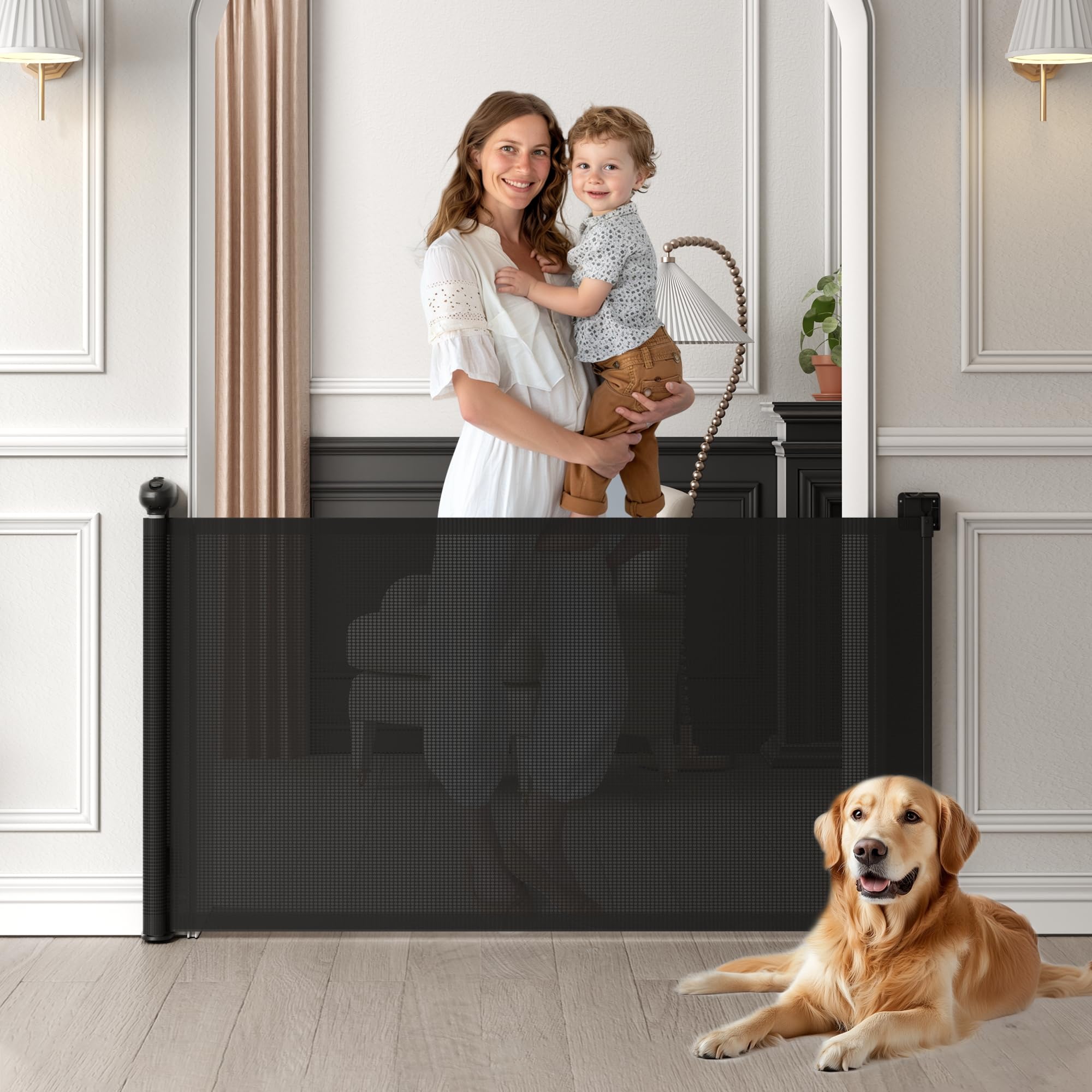 Aomloge retractable gate at stair opening with auto-lock for enhanced safety