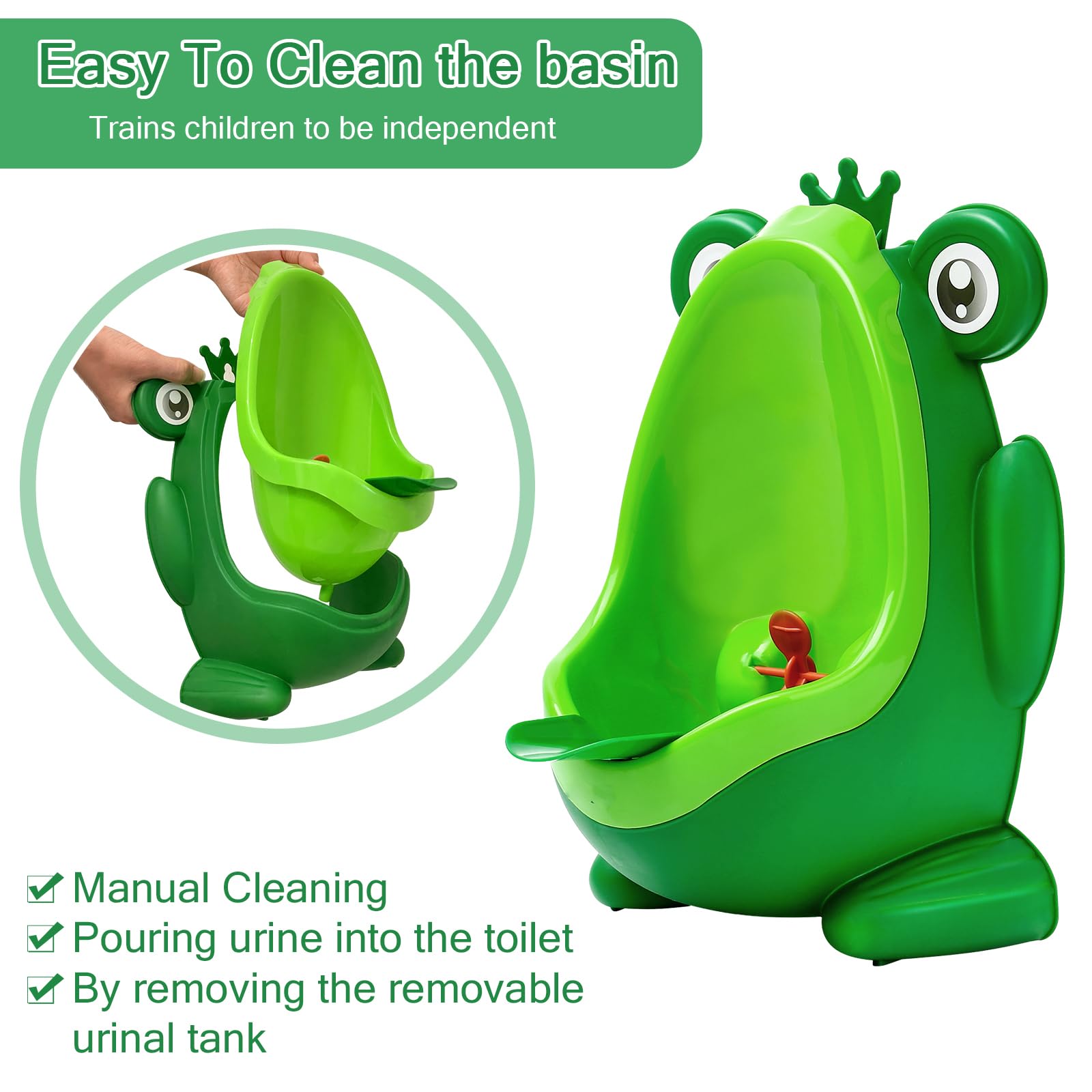 A frog with a rotating windmill design to attract kid’s attention during use.