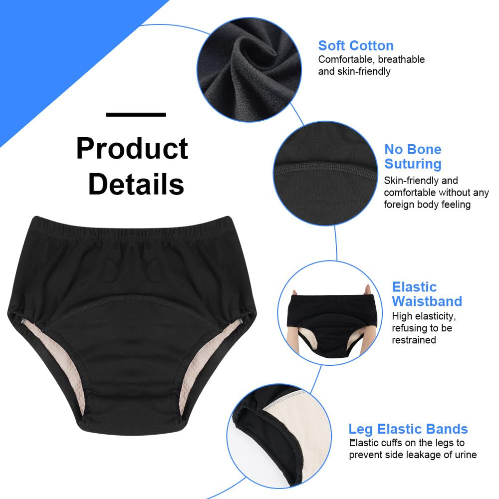 AOOWU men's black incontinence underwear closeup of the outer fabric for breathable comfort.