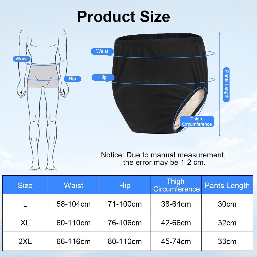 AOOWU men's black incontinence underwear, side view, comfortable fit for all-day wear.