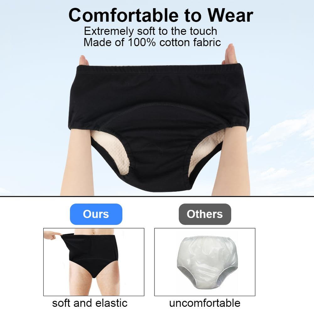 AOOWU men's navy incontinence underwear, side view, moisture-wicking surface for everyday wear.