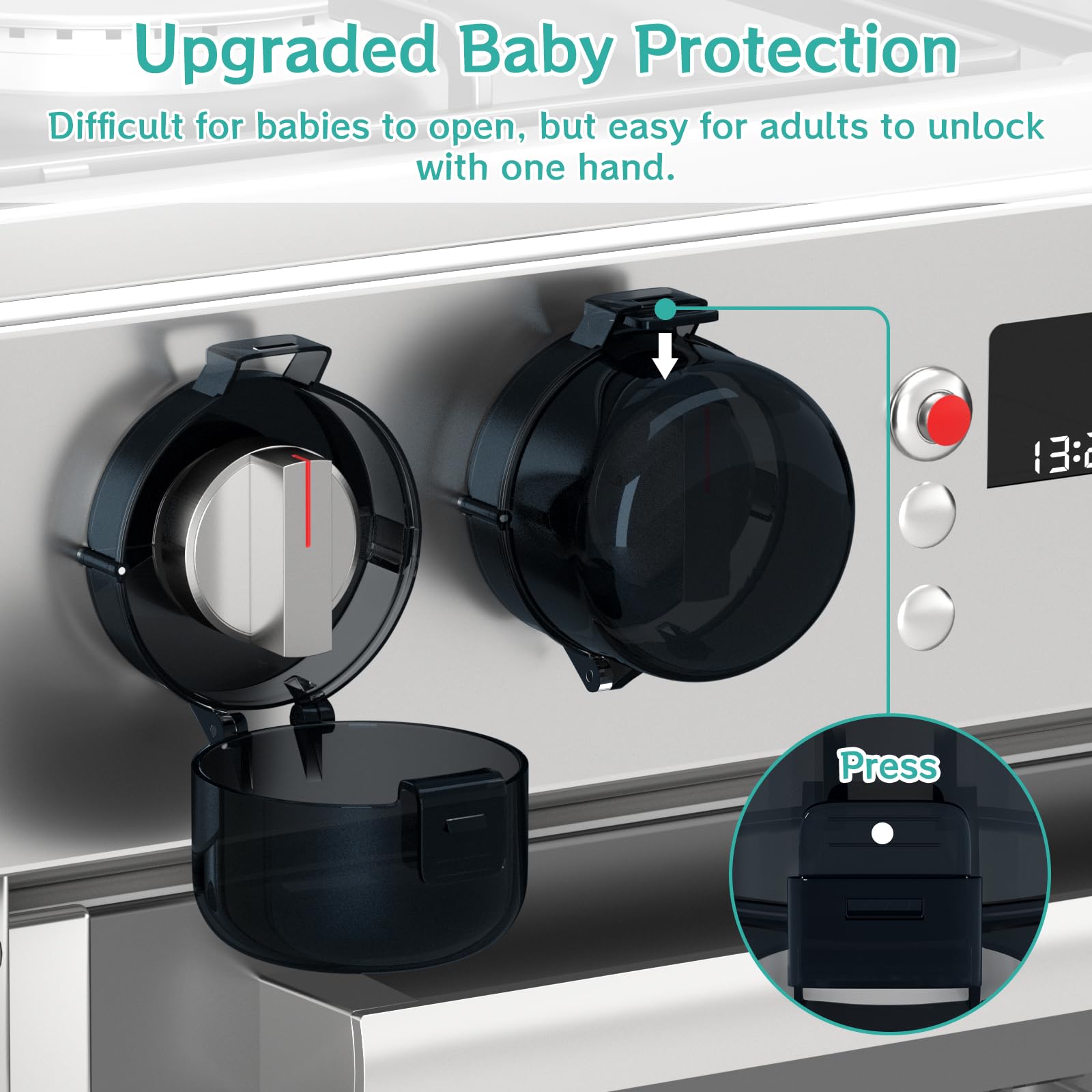 AOSITE universal-fit knob cover showing close fit on various stoves.