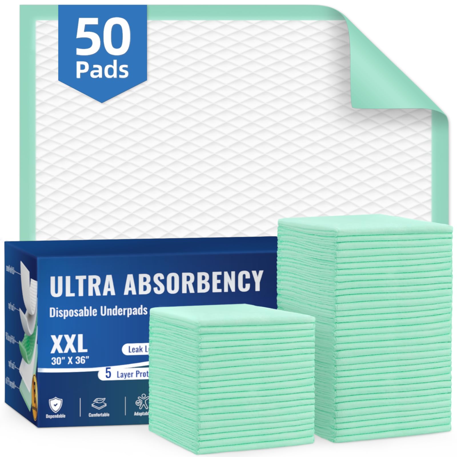 AOZITA 50-pack underpads with a dry surface for clean beds