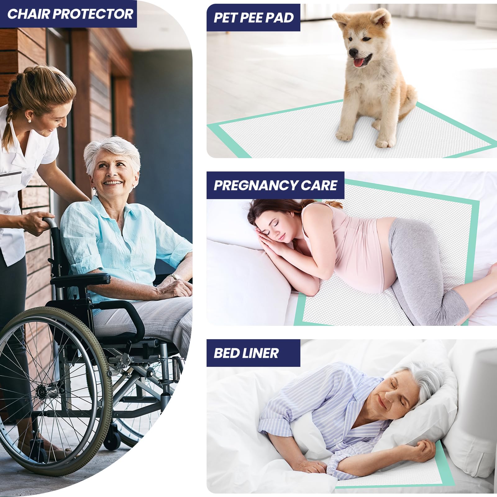 AOZITA 50-pack underpads use rapid-dry technology for fast moisture control