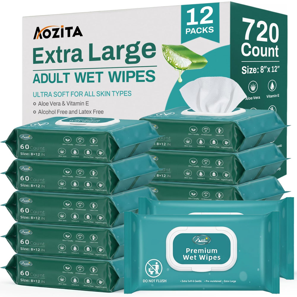 AOZITA 720-count wipes in twelve-pack carton for bulk elder care and convenience
