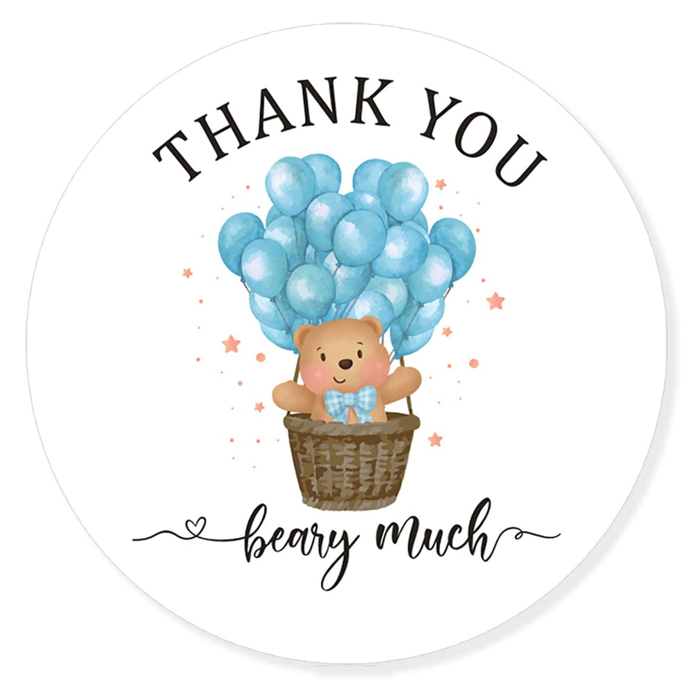 aPamr blue bear balloon thank you labels ready for party favors