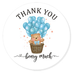 aPamr blue bear balloon thank you labels ready for party favors