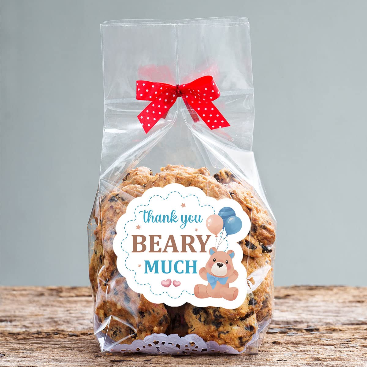 aPamr bear sticker on envelopes and favors for decor