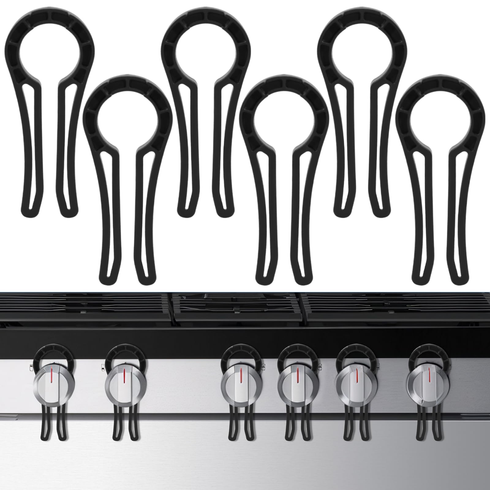 Aphrordity stove knob lock installed on a gas stove to prevent accidental activation.