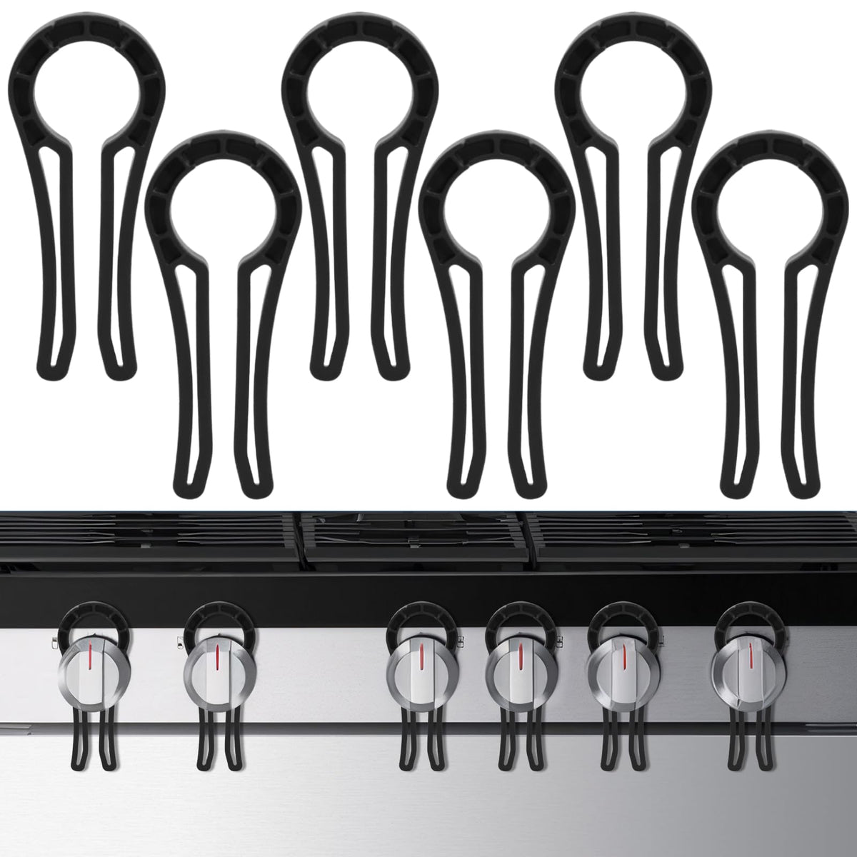 Aphrordity stove knob lock installed on a gas stove to prevent accidental activation.