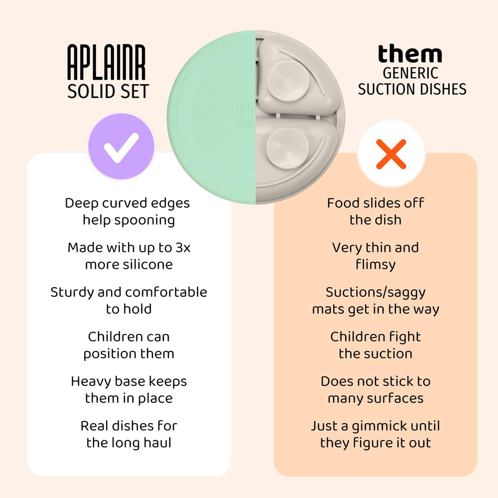 APLAINR weighted baby bowl in pink sand with curved inner walls aids scooping.